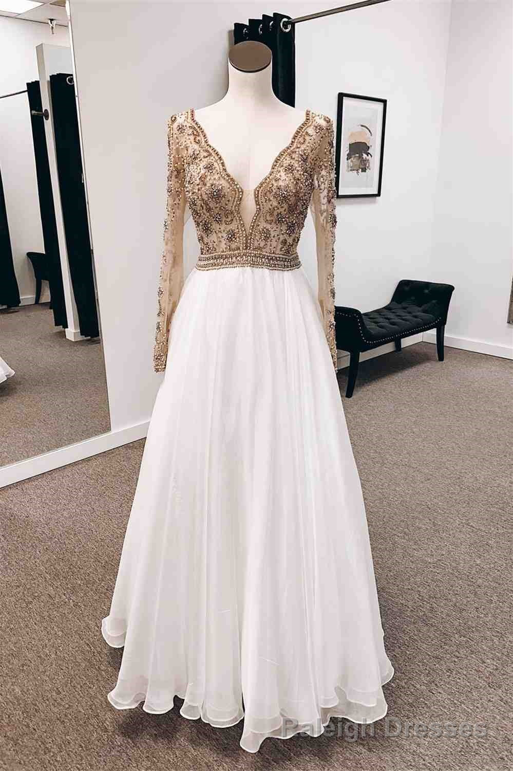 Champagne A-line V Neck Long Sleeves Chiffon Long Prom Dress Main image