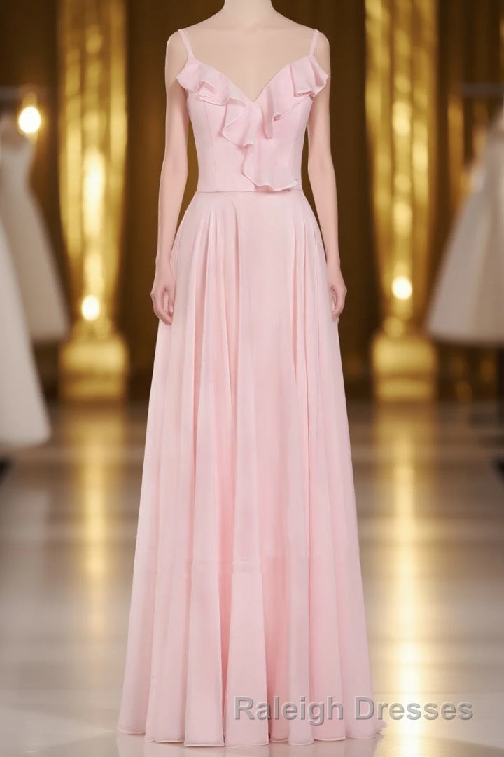 Pink Ruffle Lace-Up A-Line Long Bridesmaid Dress Main image