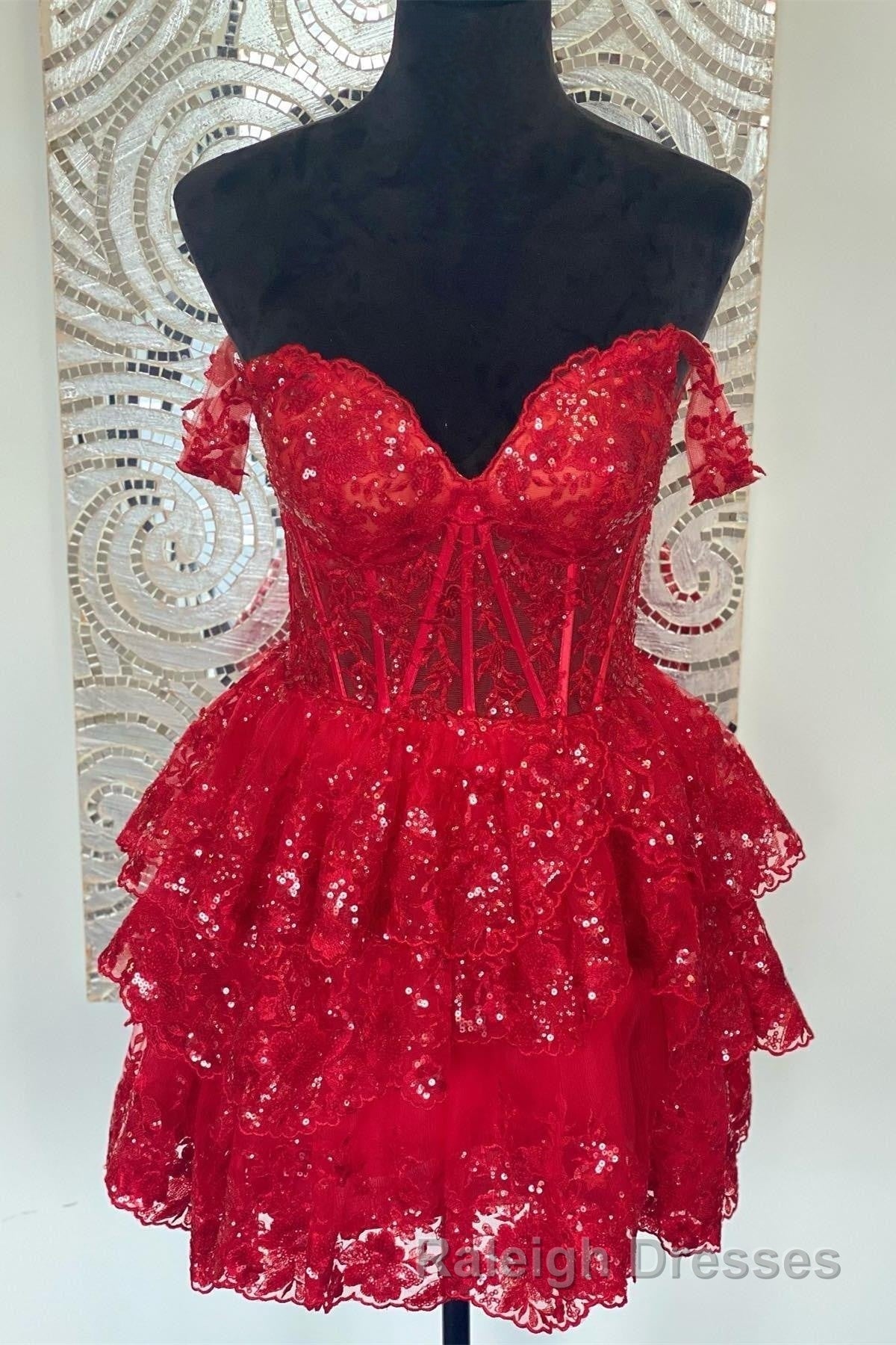 Red Off-the-Shoulder Lace Multi-Layers Appliques Sequins Homecoming Dress Secondary image