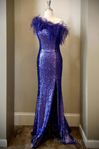 Purple Sequin Feather One Shoulder Long Formal Dress with Slit