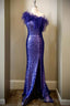 Purple Sequin Feather One Shoulder Long Formal Dress with Slit