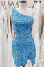 Sky Blue One Shoulder Sequins Sheath Cut-Out Homecoming Dress