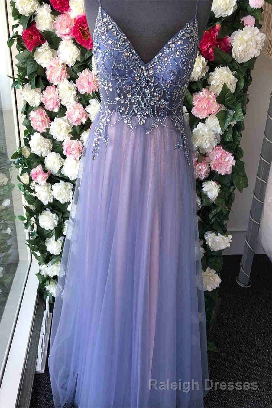 Straps A-Line Tulle Long Prom Dress with Crystal