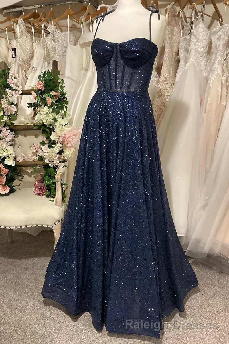 Sparkly Navy Blue Sequin Prom Dresses, Shiny Long Lace Prom Dress Secondary image