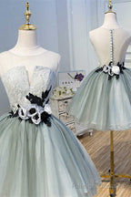 Princess Light Green Flower Sheer Back A Line Short Prom Dress