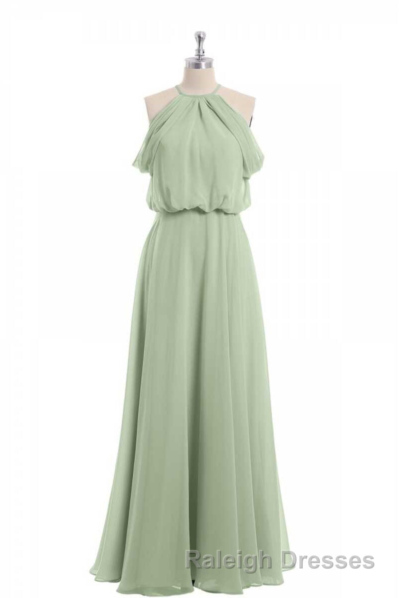 Sage Green Chiffon Halter Blouson-Style Long Bridesmaid Dresses