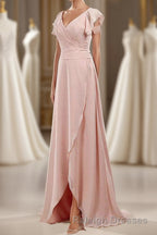 Blush Pink V Neck Ruffled Long Bridesmaid Dresses