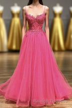 Hot Pink Floral Spaghetti Straps A-line Long Prom Dress