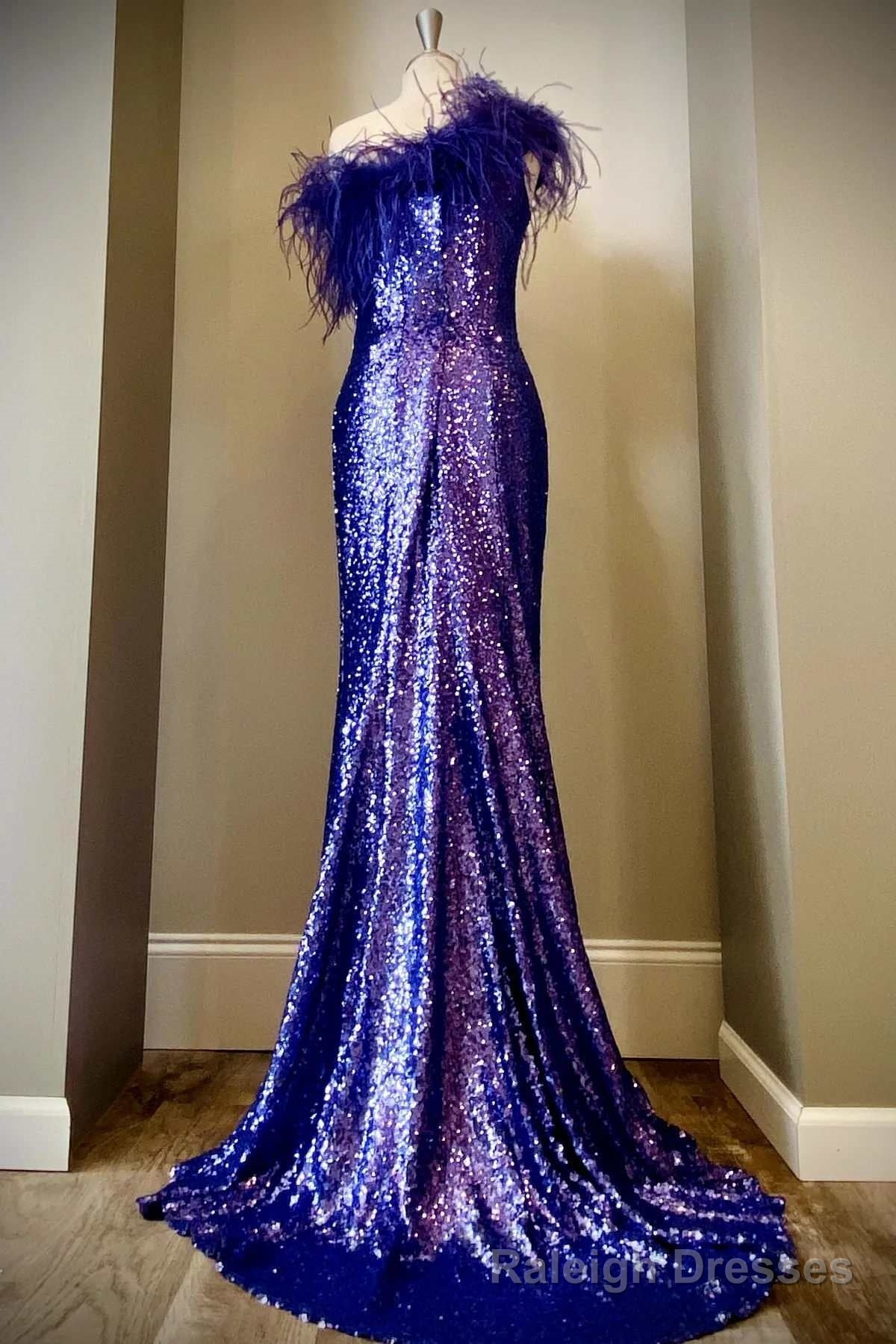 Purple Sequin Feather One Shoulder Long Formal Dress with Slit