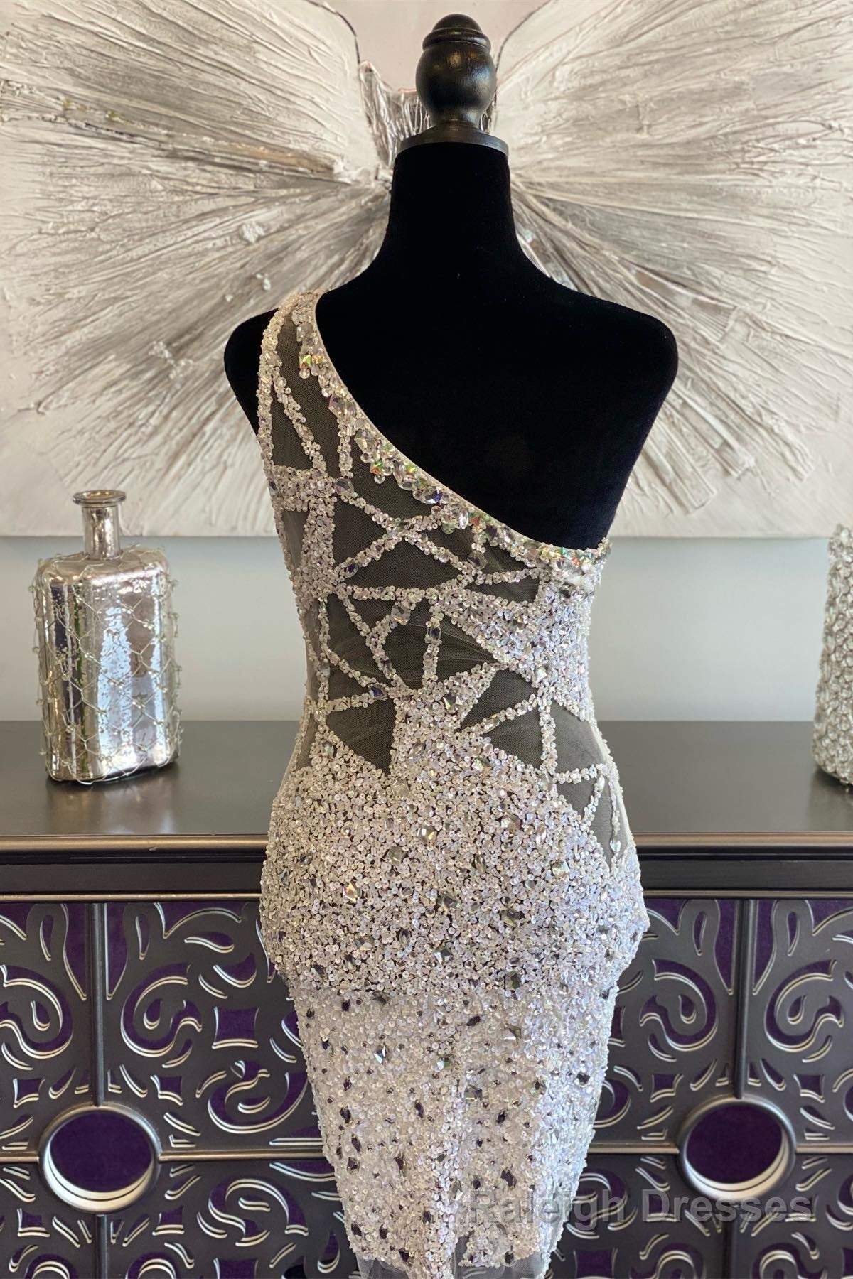 White One Shoulder Beaded Sheath Homecoming Dress with Wing Secondary image