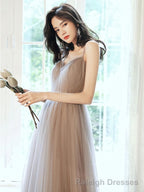 Simple Gray V Neck Tulle Long Prom Dress Gray Formal Dress