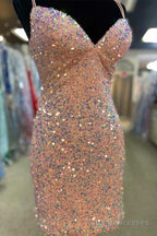 Sequin V Neck Lace-Up Bodycon Mini Homecoming Dress