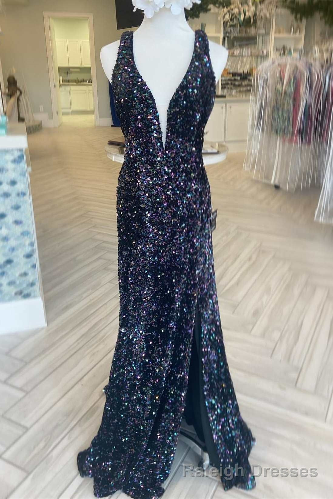 Black Iridescent Sequin Lace-Up Back Long Formal Dress with Slit