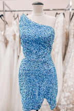 Sky Blue One Shoulder Sequins Sheath Cut-Out Homecoming Dress