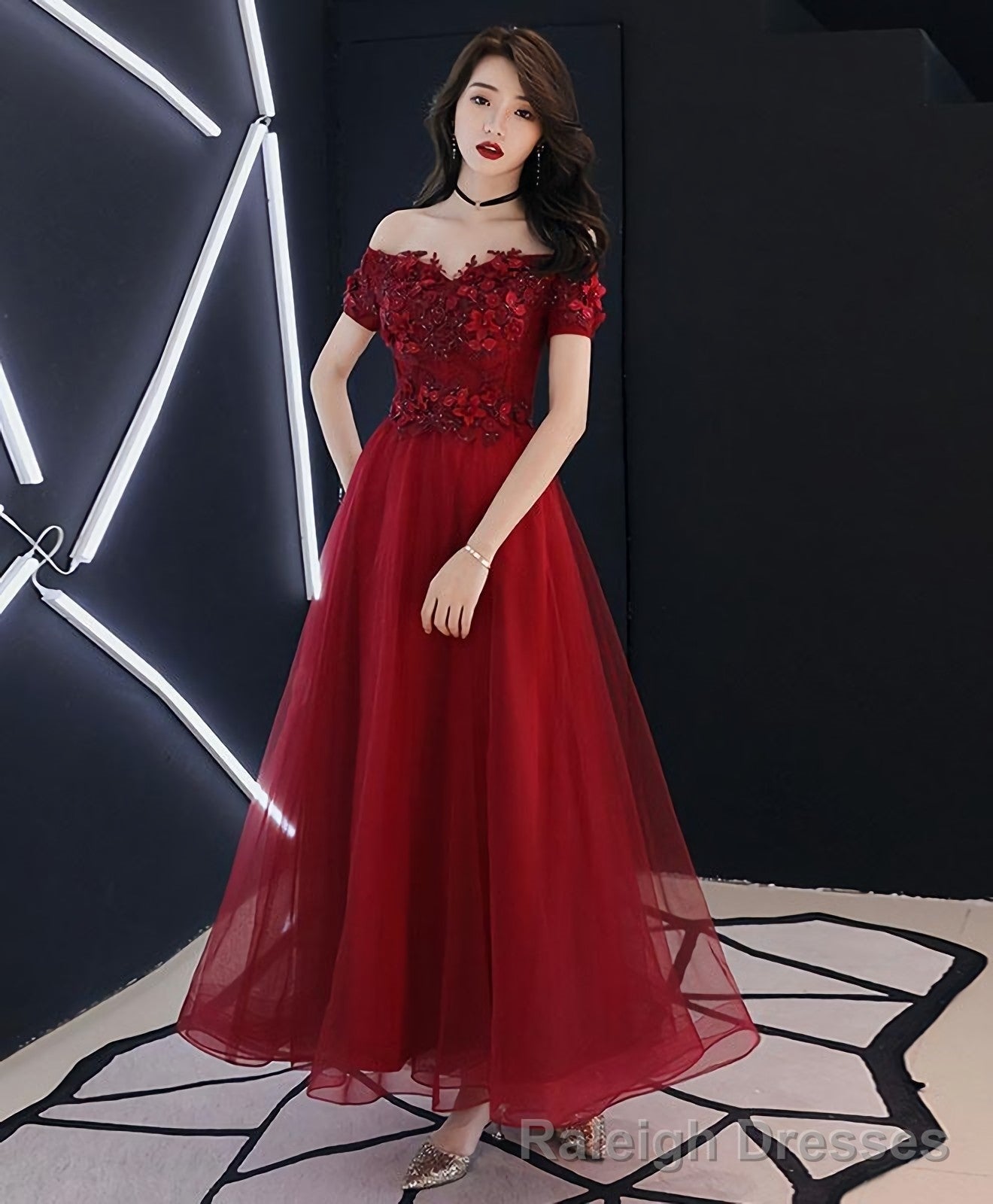 Burgundy Tulle Lace Prom Dress Burgundy Tulle Evening Dress