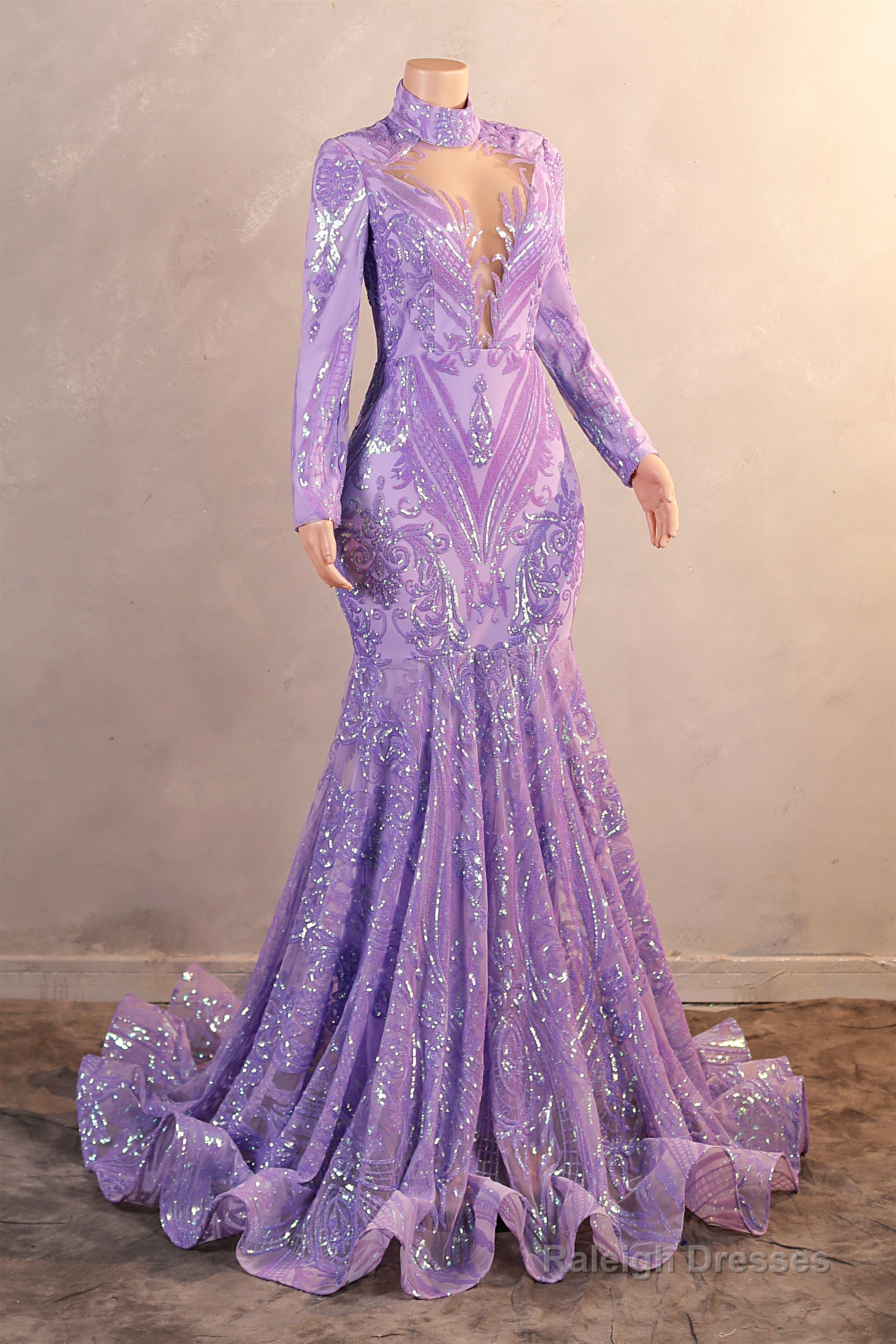 High Neck Long Sleeve Sweep Train Zipper Mermaid Evening Dress