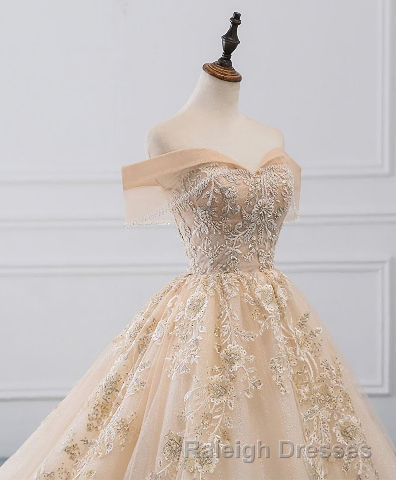 Champagne Off Shoulder Tulle Lace Long Wedding Dress, Wedding Gown Secondary image