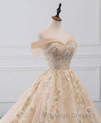 Champagne Off Shoulder Tulle Lace Long Wedding Dress, Wedding Gown