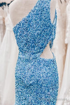 Sky Blue One Shoulder Sequins Sheath Cut-Out Homecoming Dress