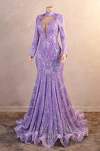 High Neck Long Sleeve Sweep Train Zipper Mermaid Evening Dress