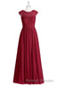 Red Lace Cap Sleeve A-Line Long Bridesmaid Dress