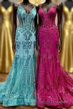 Fuchsia Mermaid Sequined Embroidery Tulle Long Prom Dress