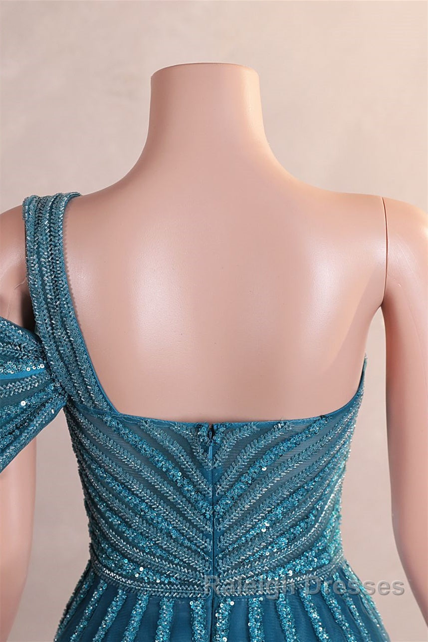 One Shoulder Beading Sweep Train Backless Prom Dresses