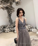Gray V Neck Tulle Beads Long Prom Dress Gray Tulle Evening Dress