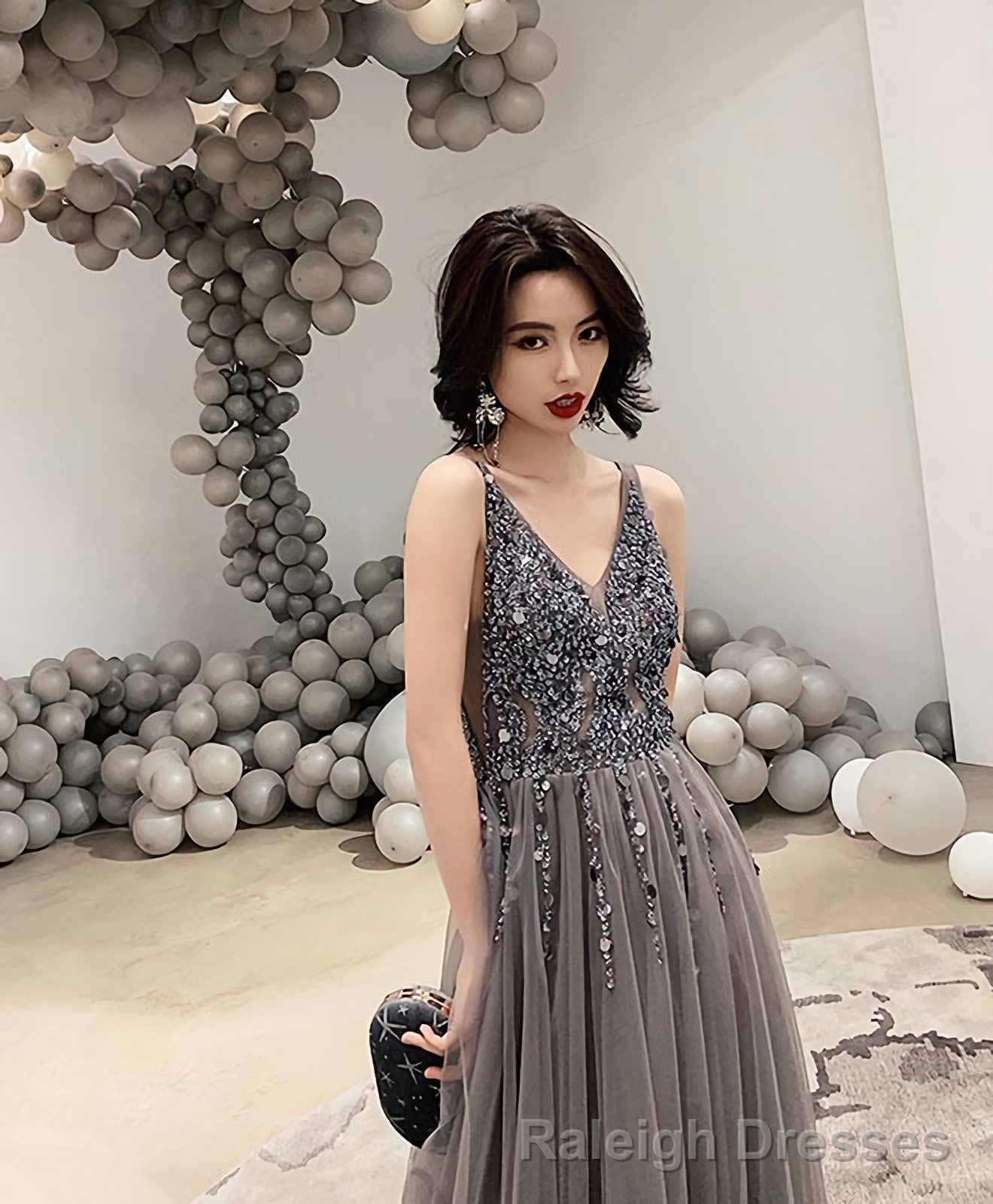 Gray V Neck Tulle Beads Long Prom Dress Gray Tulle Evening Dress