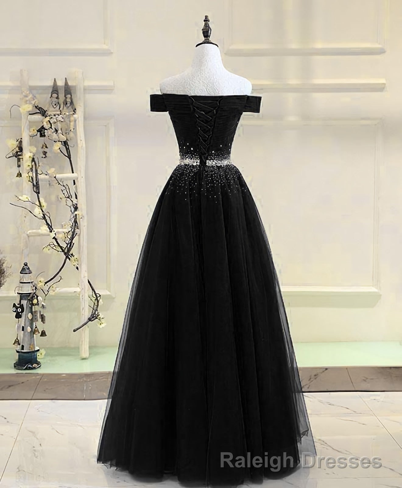 Black Tulle Sequin Long Prom Dress, Black Tulle Evening Dress