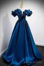 A-Line Dark Blue Off-the-Shoulder Stain Prom Gown