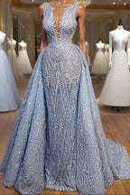 Elegant Blue Lace Sleeveless Deep V Neck Prom Dresses Party Dresses