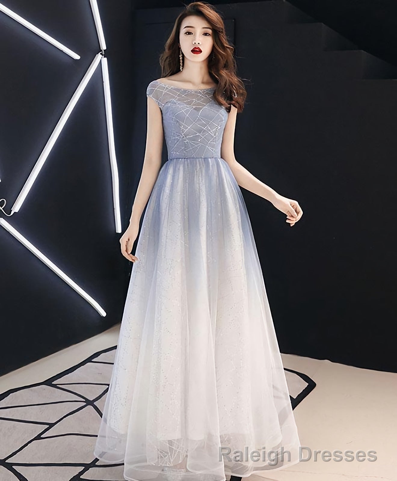 Blue Round Neck Tulle Long Prom Dress, Blue Tulle Evening Dress