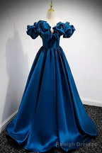 A Line Dark Blue Off-the-Shoulder Stain Prom Gowns
