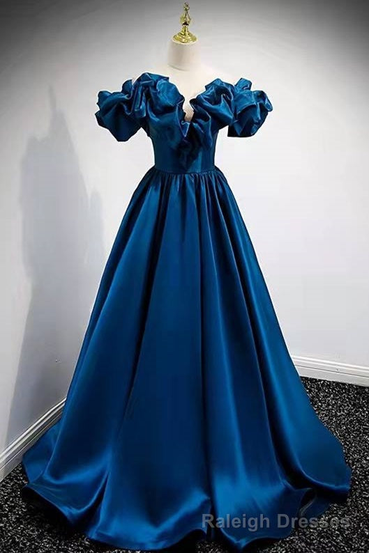 A Line Dark Blue Off-the-Shoulder Stain Prom Gowns