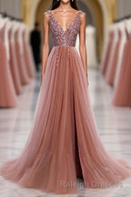 Pink V Neck Tulle Sequin Long Prom Dress, Pink Formal Dress
