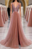 Pink V Neck Tulle Sequin Long Prom Dress, Pink Formal Dress