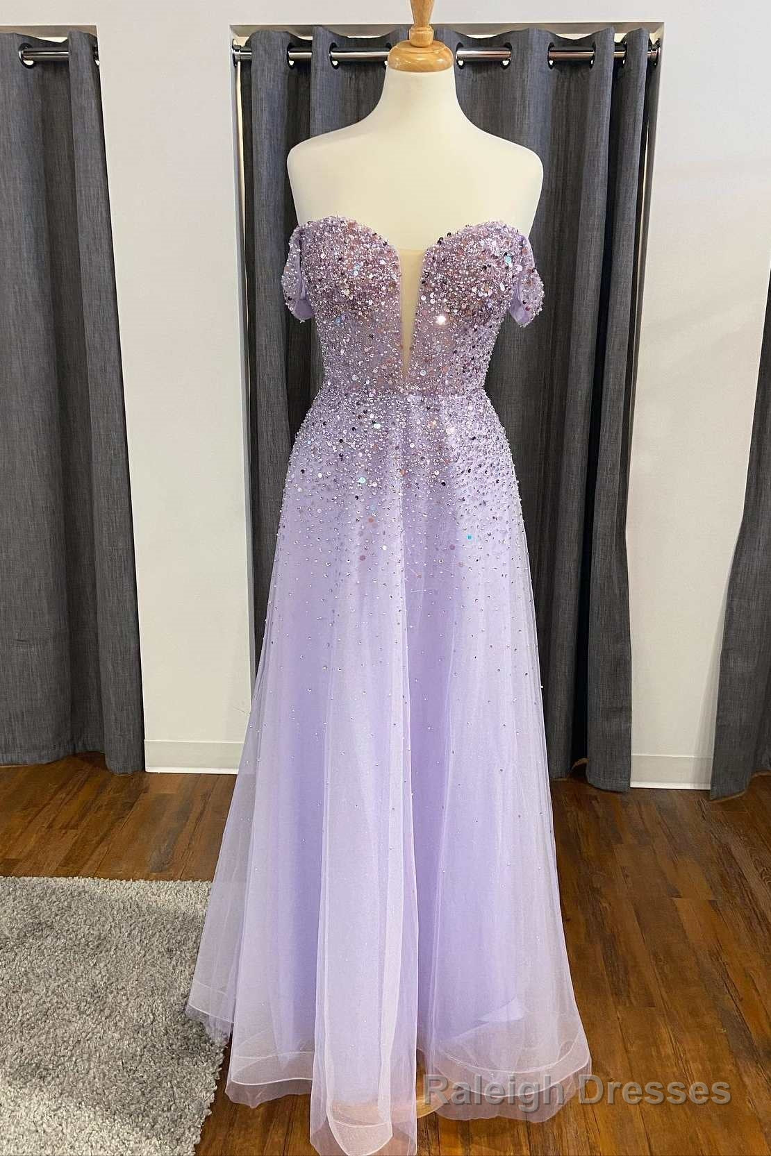 Shiny Lavender Sequin Off-the-Shoulder A Line Prom Gowns