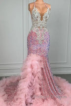 Pink Halter Mermaid Prom Dresses with Sequins Beadings and Tulle Ruffle
