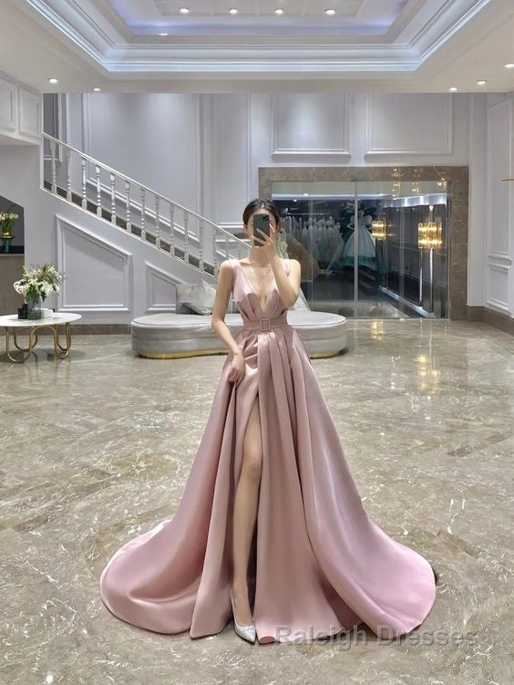 Pink A Line Long Prom Dresses Main image