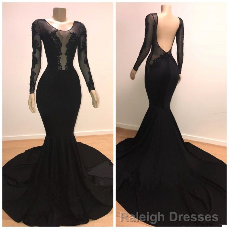 Unique Scoop Long Sleeves Backless Lace Appliques Tulle Sexy Mermaid Prom Dresses