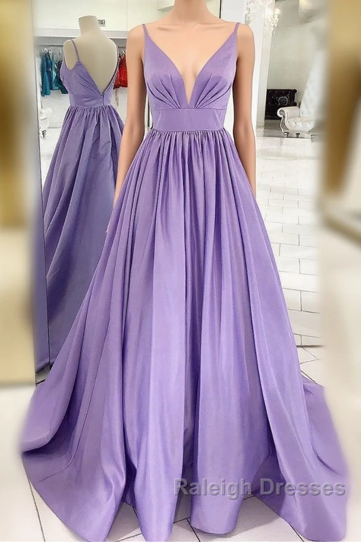 Straps V Neck Satin Maxi Prom Dress Lavender Formal Evening Gown