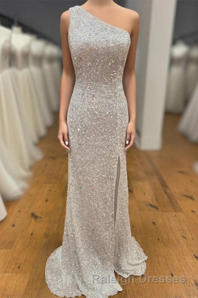 One Shoulder Ivory Sequined Long Prom Dresses Main image