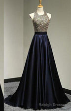 Halter Beading Backless Sweep Train A Line Satin Prom Dresses