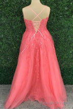 Hot Pink Floral Lace Backless A-Line Prom Dress