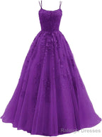 Womens Lace Appliques Prom Dress Long Spaghetti Strap Ball Gowns Tulle Prom Dresses for Prom