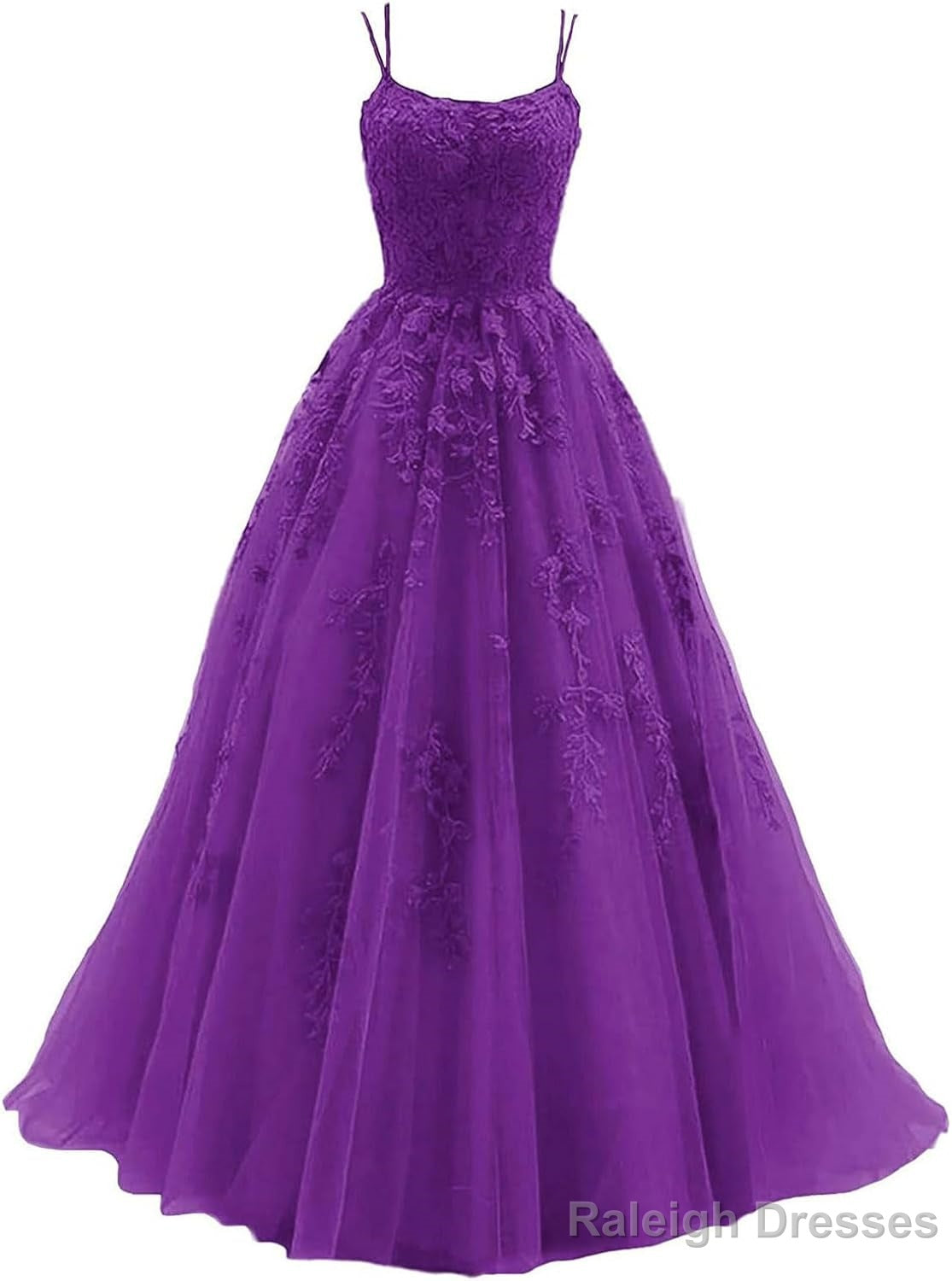 Womens Lace Appliques Prom Dress Long Spaghetti Strap Ball Gowns Tulle Prom Dresses for Prom