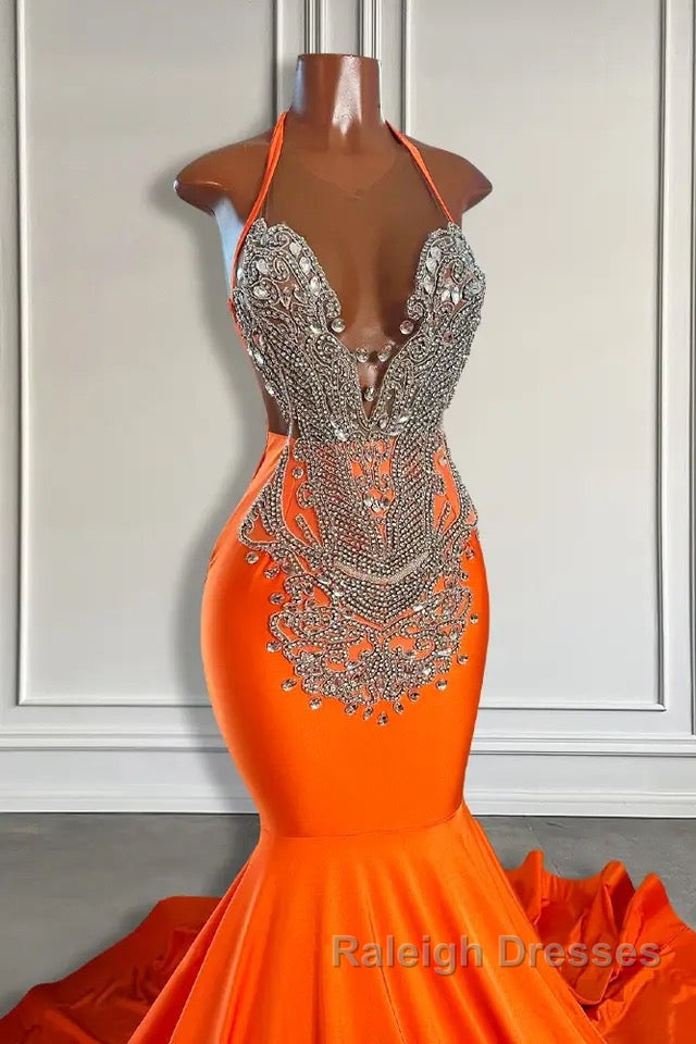 Sleeveless V-Neck Halter Mermaid Prom Dress With Beadings