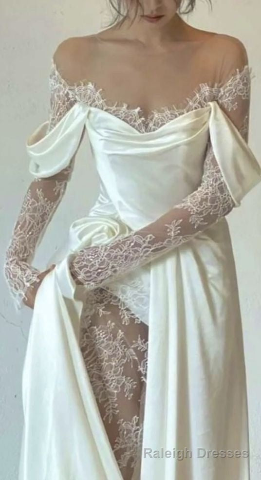 Ivory Lace Satin Wedding Dresses, Off The Shoulder Bridal Dresses Secondary image