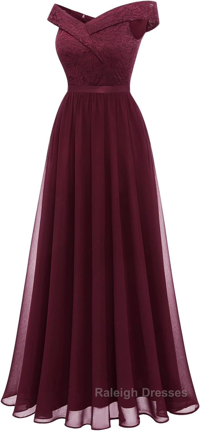 Womens Lace Bridesmaid Dress A-Line Off Shoulder Floral Lace Chiffon Prom Dresses